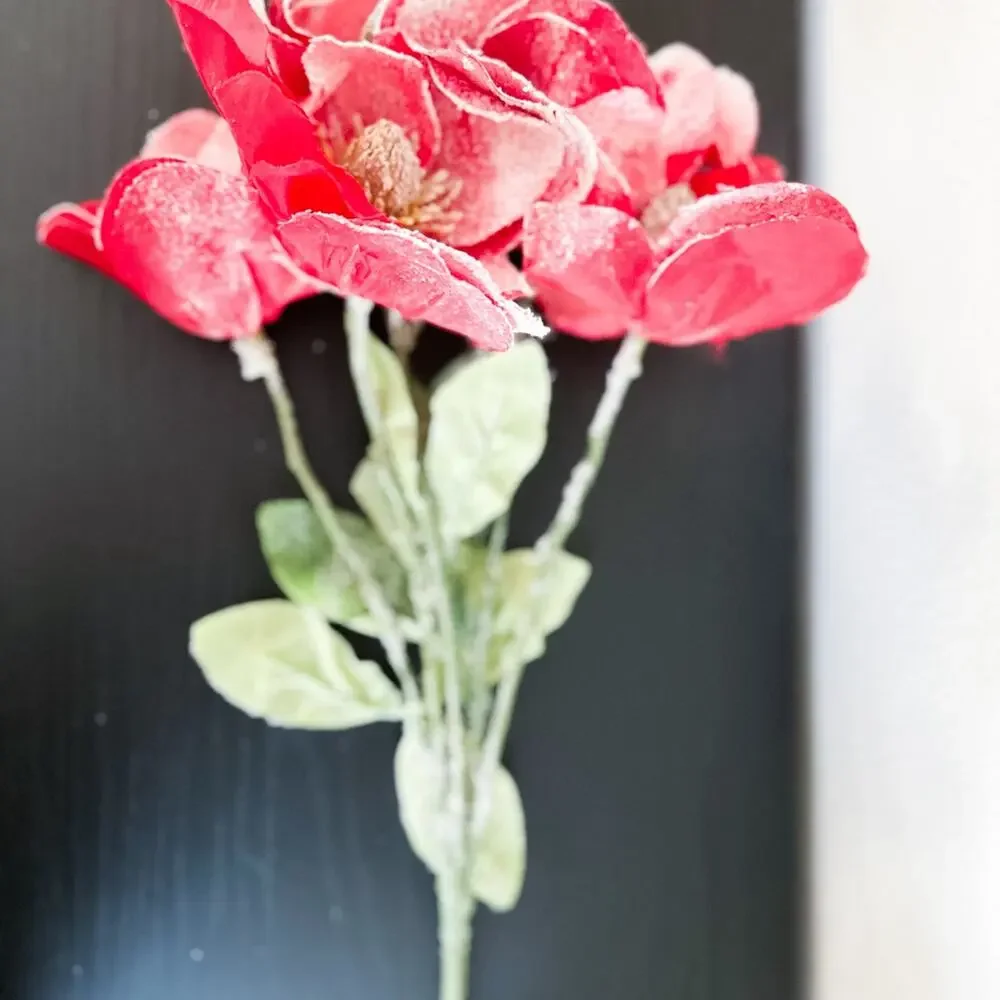 Snowy Frosted holiday red Magnolia Christmas stems Bundle artificial flowers